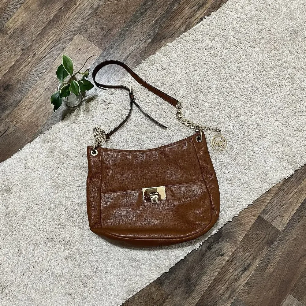 Michael Kors Brown Pebbled Leather Gold Hardware Crossbody Bag Purse